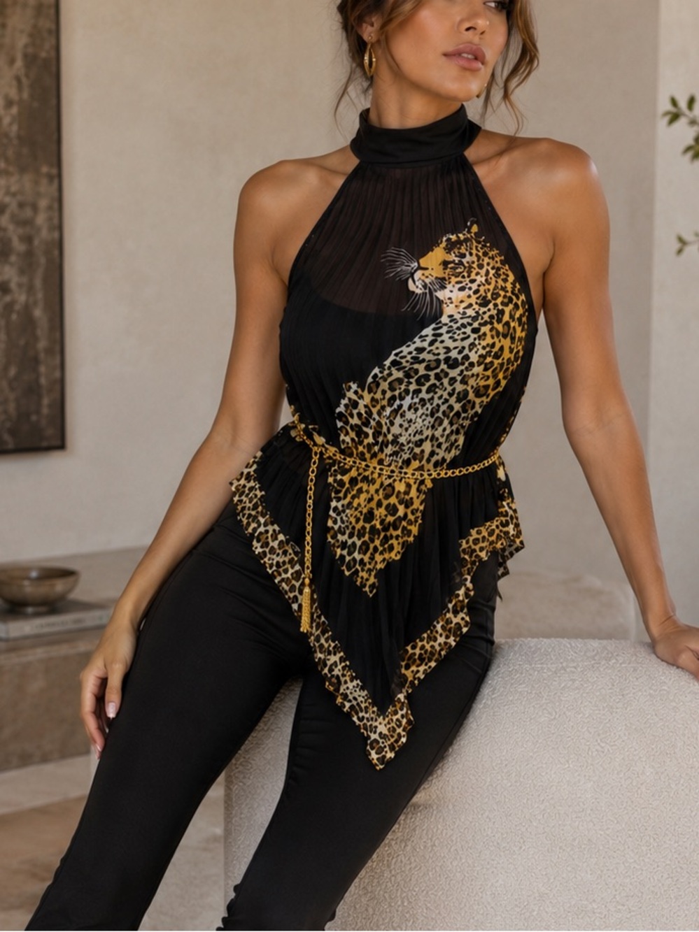 Black Halter Pleated Top with Leopard Print Accent